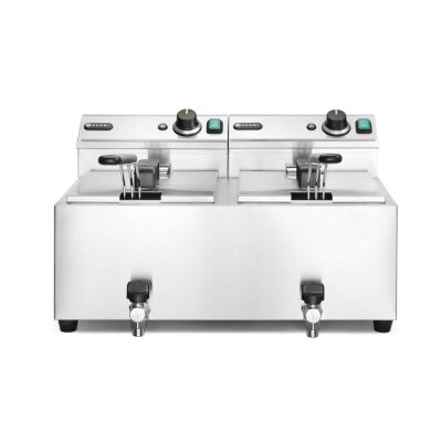 HENDI Fritteuse Profi Line mit Ablasshahn, 2×8 l, Profi Line, 16L, 230V/7000W, 610x515x(H)369mm
