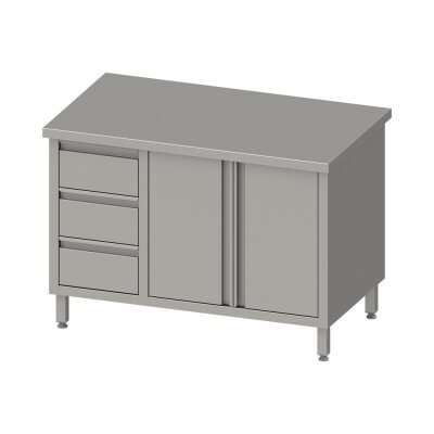 STALGAST Arbeitsschrank mit Flügeltüren, 1100x600x850 mm, mit 3er Schubladenblock links, ohne Aufkantung, verschweißt